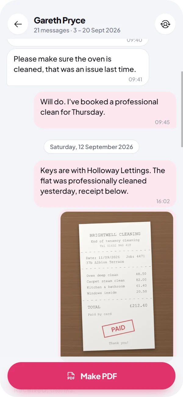 The same WhatsApp chat opened in Onpaper on a phone