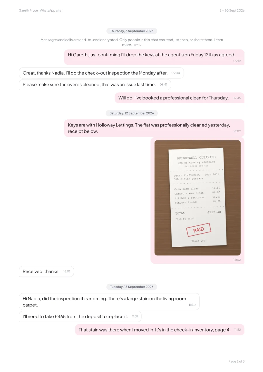 A page of the PDF: the chat's messages in dated bubbles, with a photo of a receipt printed in place