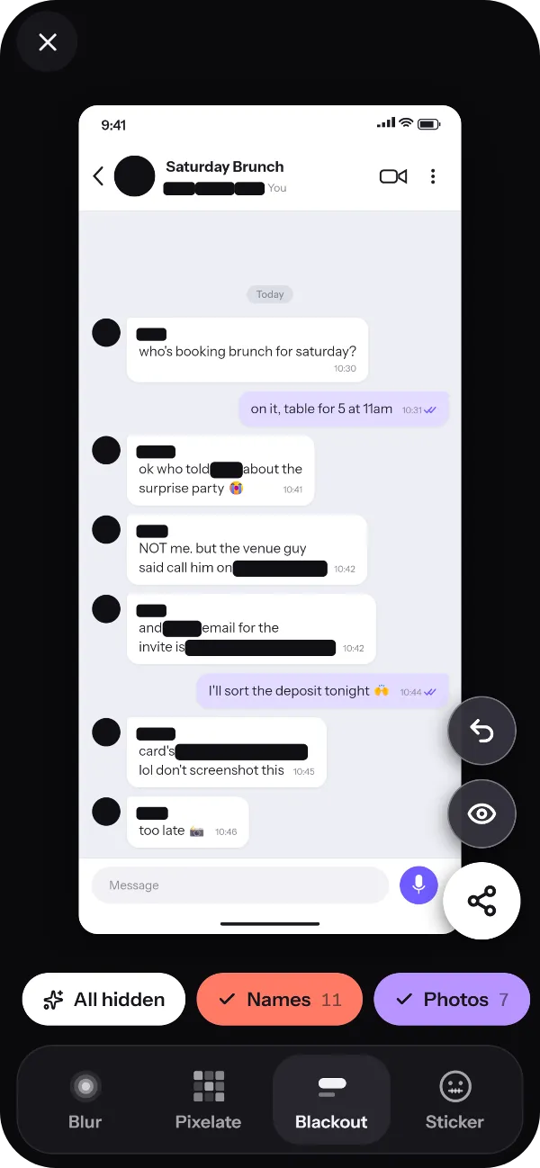 The same chat screenshot with the personal details covered by solid black bars