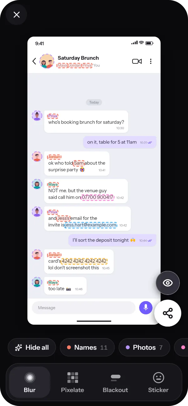 A group chat screenshot in Smudge, with the names, a phone number, an email address, a card number and the profile photos highlighted