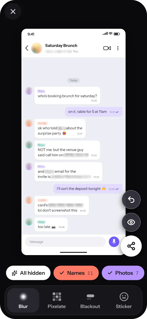 The same screenshot after tapping Hide all, with every name, number and profile photo blurred