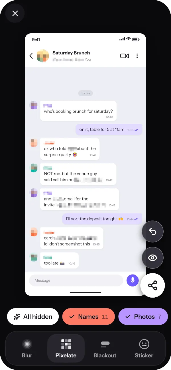 The same chat screenshot with the personal details pixelated