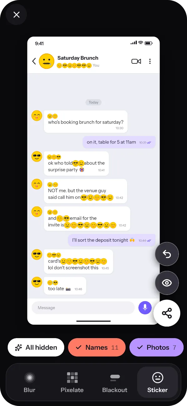 The same chat screenshot with emoji stickers covering the names and profile photos